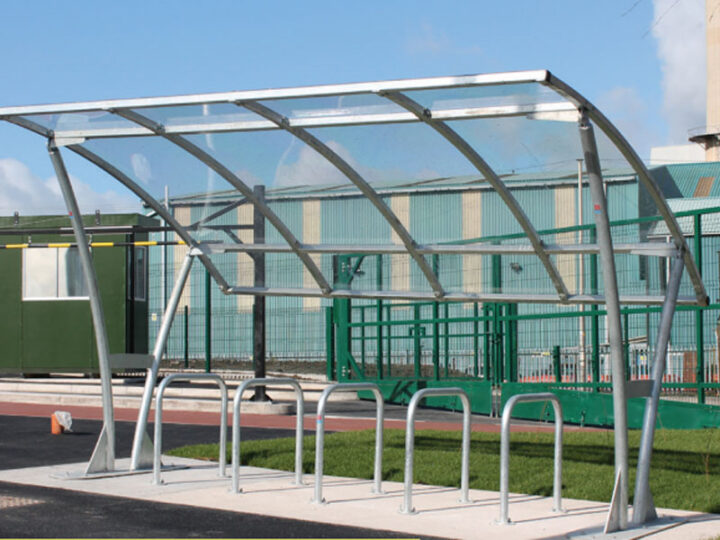 Bike shelter in clear blue sky