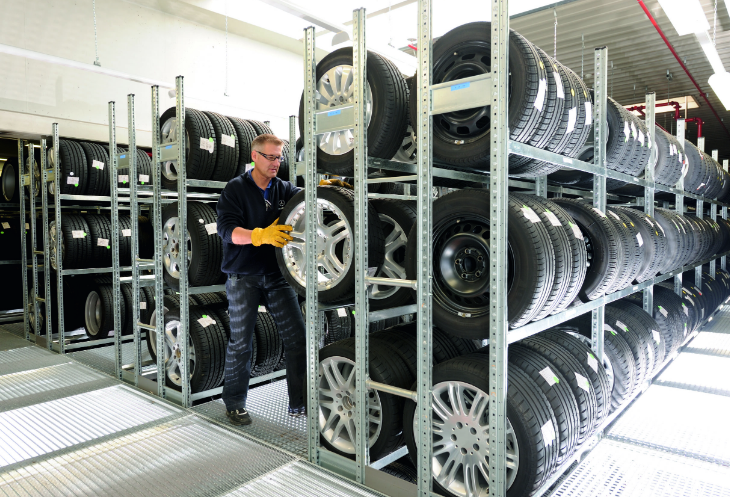 Automotive shelving with racks of tires