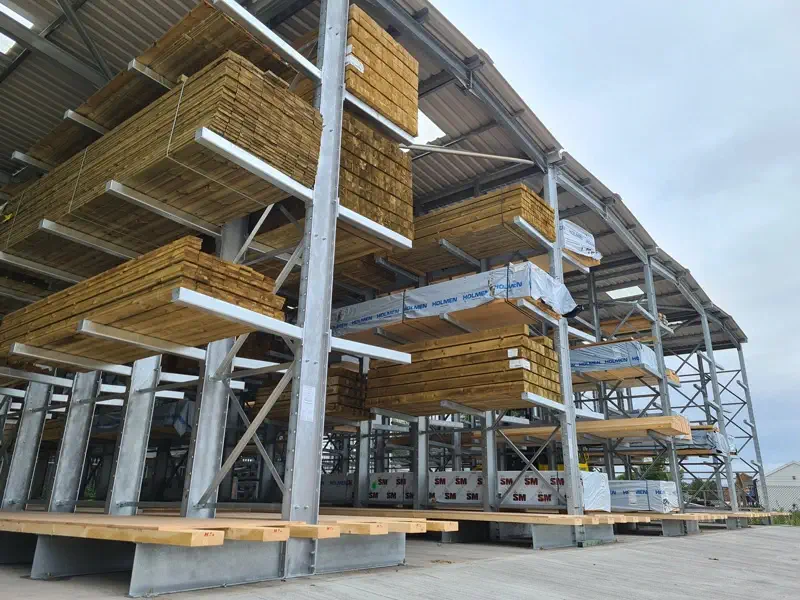 Outdoor cantilever racking storing wood