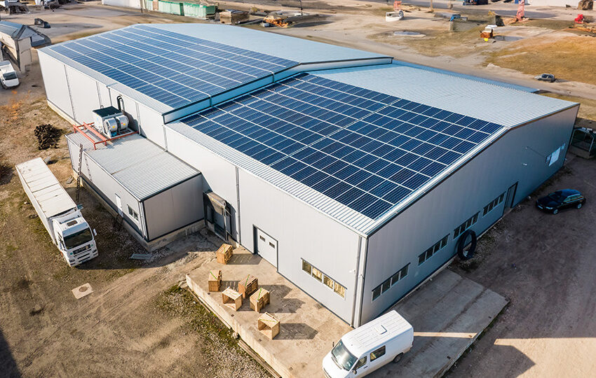 Solar panel installation on warehouse roof